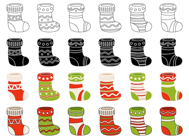 Set of christmas sock in flat style isolated