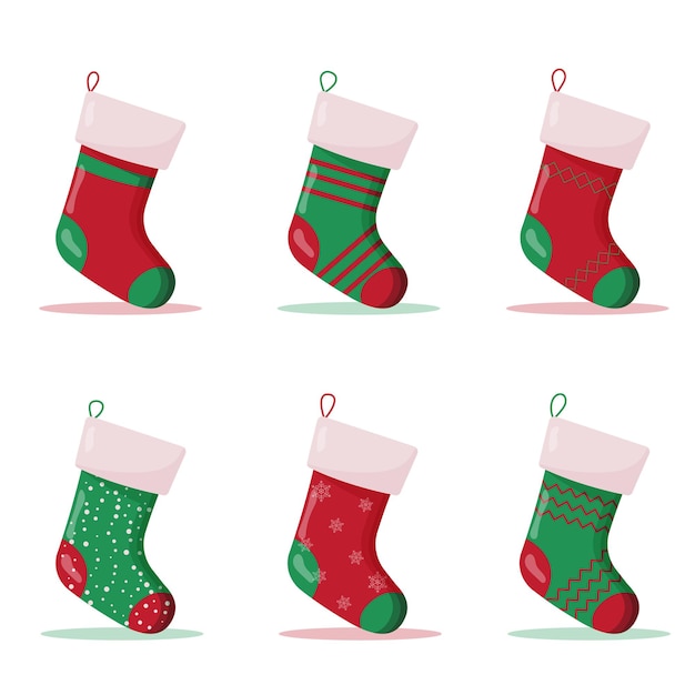 Set of christmas sock in red and green colors. Winter accessories.