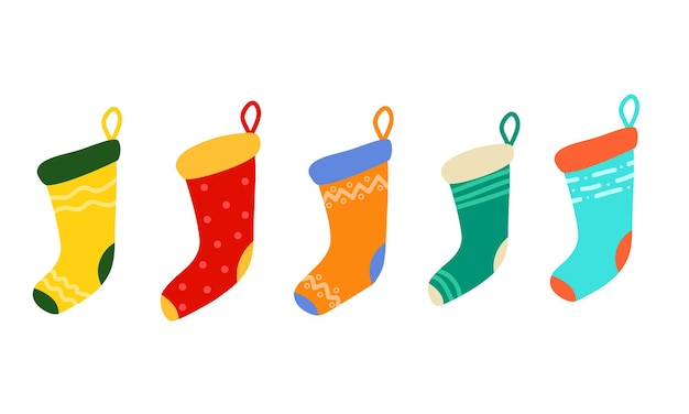 Набор рождественских носков для предустановки или подарка на белом фоне. Векторная иллюстрация.