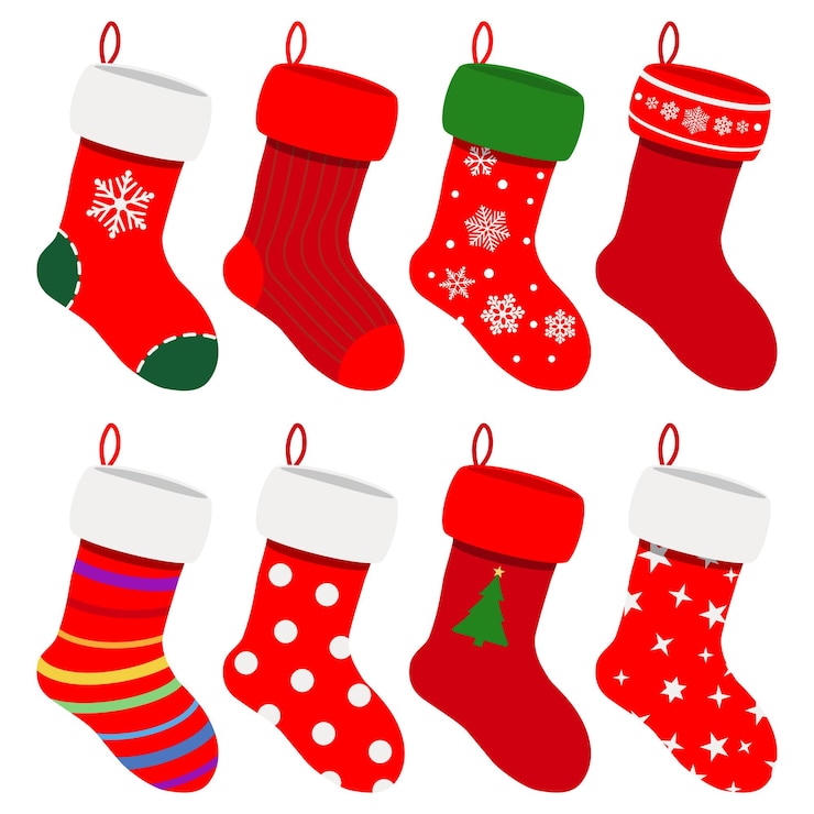 Vector set of christmas socks in red colors with various patterns
