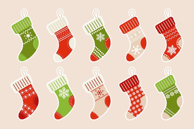 Set of Christmas socks with ornaments, stickers. Decor elements, icons, vector