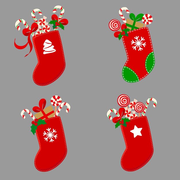 Vector set of christmas socks with traditional candy canes and lollipops and gift boxes