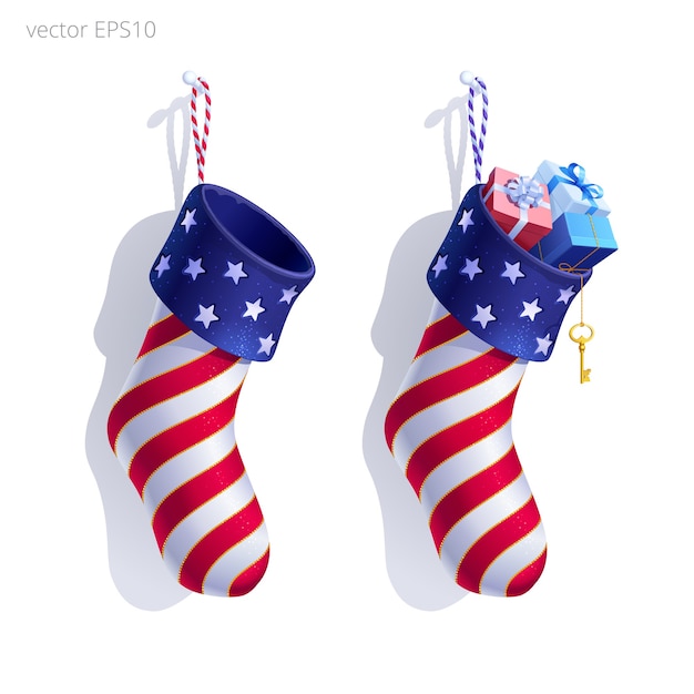 Vector set of christmas stockings decorated in the style of american flag. 3d realistic objects. custom socks are tailored by the diy method. hanging homemade sock-shaped bags. empty and filled stockings.