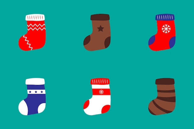 Set of Christmas stocks. A set of six different socks for Christmas gifts on a white background