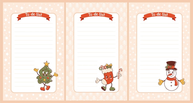 Set di modelli di natale todo lista cuti vecchi personaggi retrò in stile cartone animato snowman abete di natale calza notebook