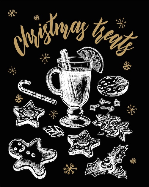 Vector set of christmas treats isolated on black