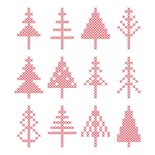 Set of Christmas tree peasant folk rustic motif cross stitch fir tree new year