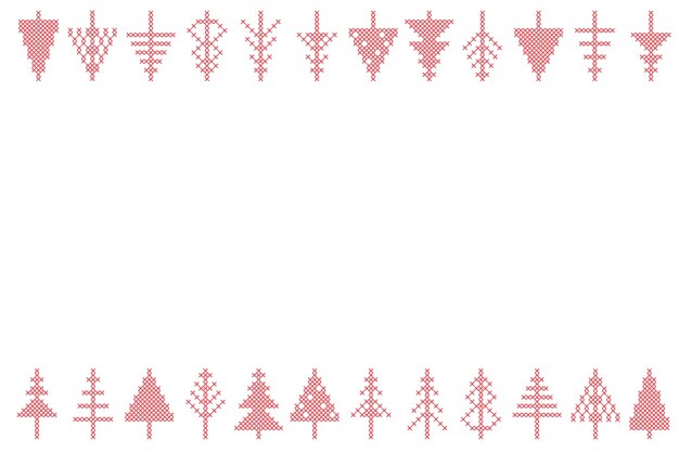 Set of Christmas tree peasant folk rustic motif line braid frame border from cross stitch fir tree