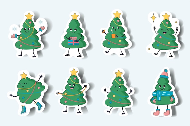 Set of Christmas tree stickers in cartoon design Delightful set of flat design illustrations