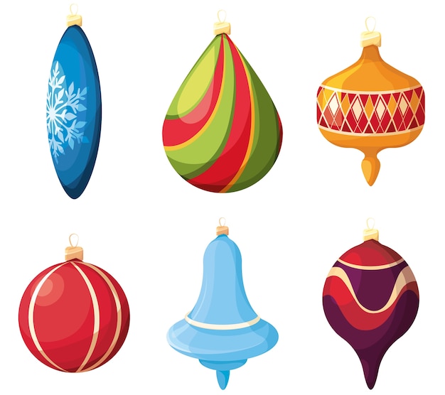 Set di giocattoli per alberi di natale. decorazioni festive in stile cartone animato.