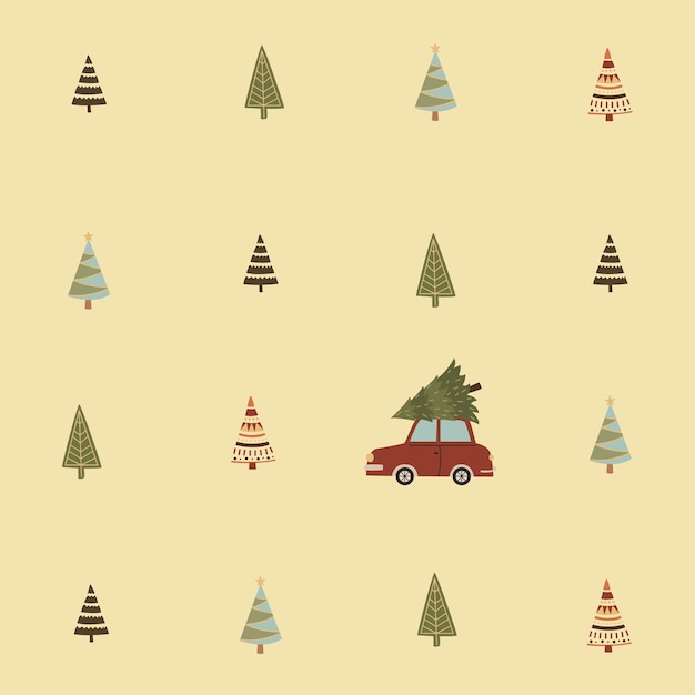 A set of Christmas trees and a car carrying a Christmas tree. Design for Christmas cards.