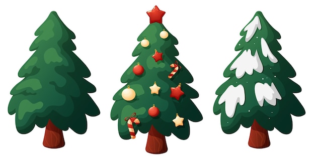 Set of christmas trees clean with snow and with christmas toys in cartoon style