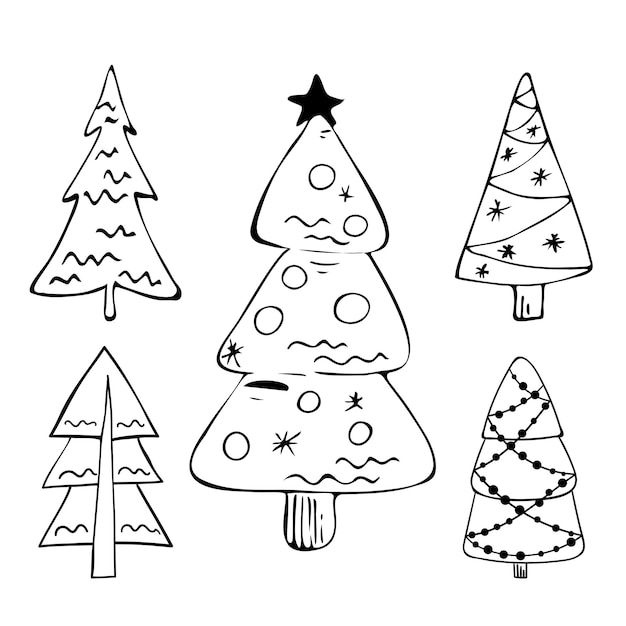 Set of Christmas trees hand drawn in doodle style