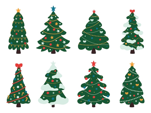 Set di alberi di natale isolati su sfondo bianco. può essere utilizzato per materiali stampati - volantini, poster, biglietti da visita o per il web. illustrazione vettoriale in stile piatto.