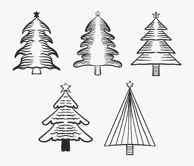 Set di alberi di natale schizzo e silhouette in mano disegnare e disegnare stile isolato in bianco