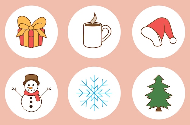 Set of christmas winter object icon. Snowflake, spruce, snowman, santa hat, present.