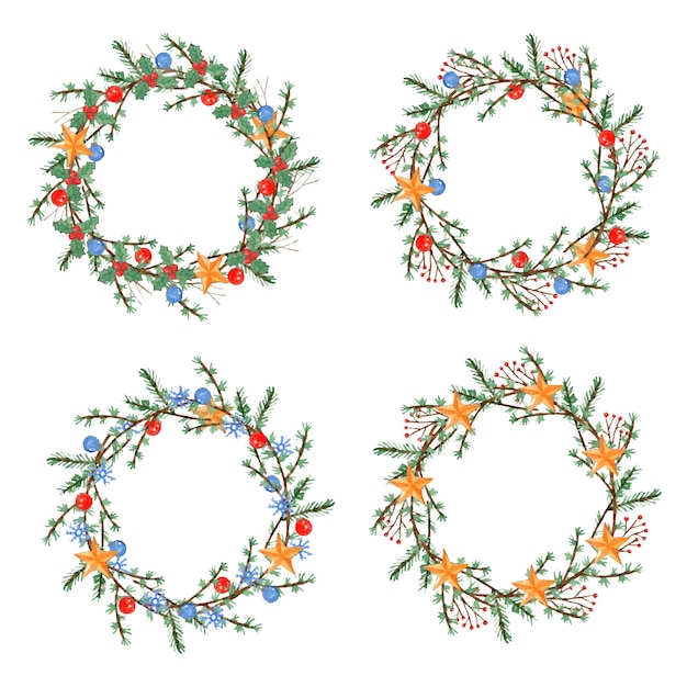 Set of christmas wreath with twigs, branches, balls and stars.