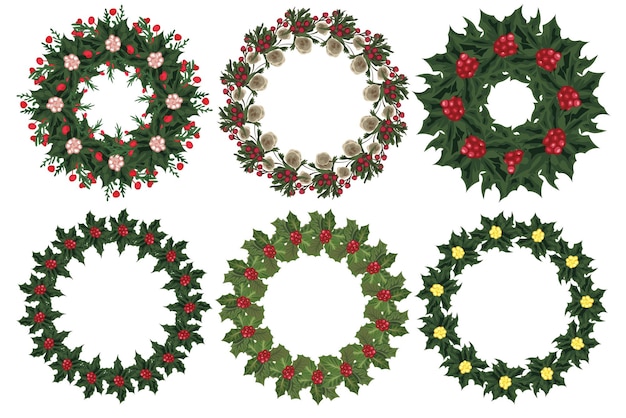 Set of christmas wreath with winter floral elements. Vector illustration.