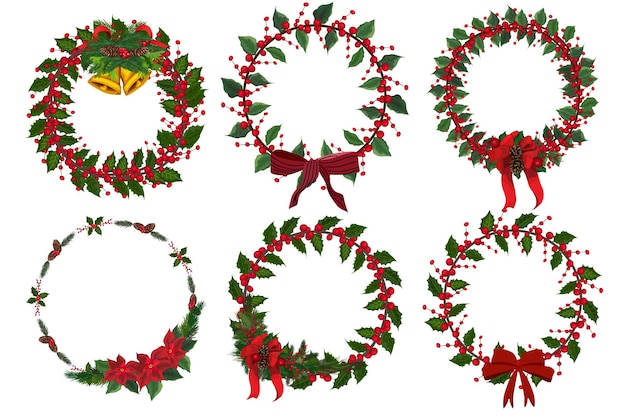 Vector set of christmas wreath with winter floral elements. vector illustration.