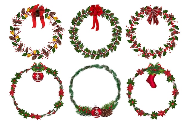 Set of christmas wreath with winter floral elements. Vector illustration.