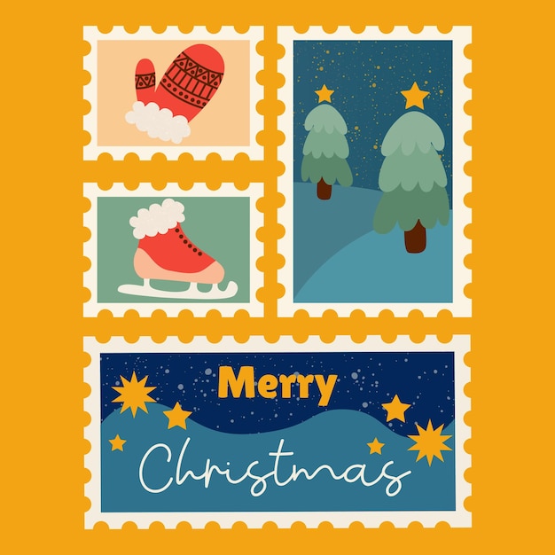 Set of christmasnew year post stamps holiday vector stickers illustrations set