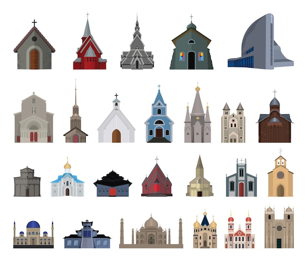 Set of churches, monasteries and mosques. vector architectural objects of different countries.