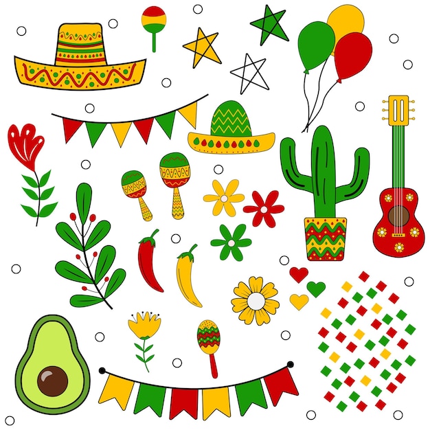 Vector set of cinco de mayo traditional mexican symbols holiday elements tequila with cactus vector desig