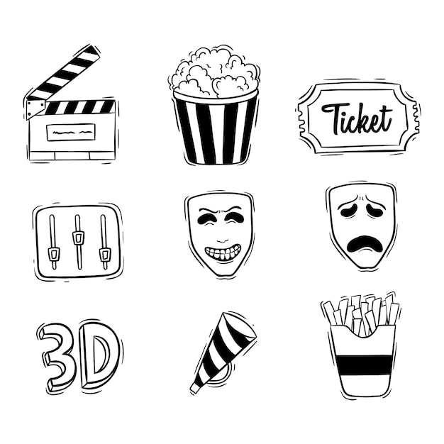 Set di icone del cinema con stile doodle bianco e nero