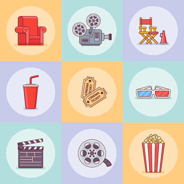 Vector set of cinema or movie flat line style icons.