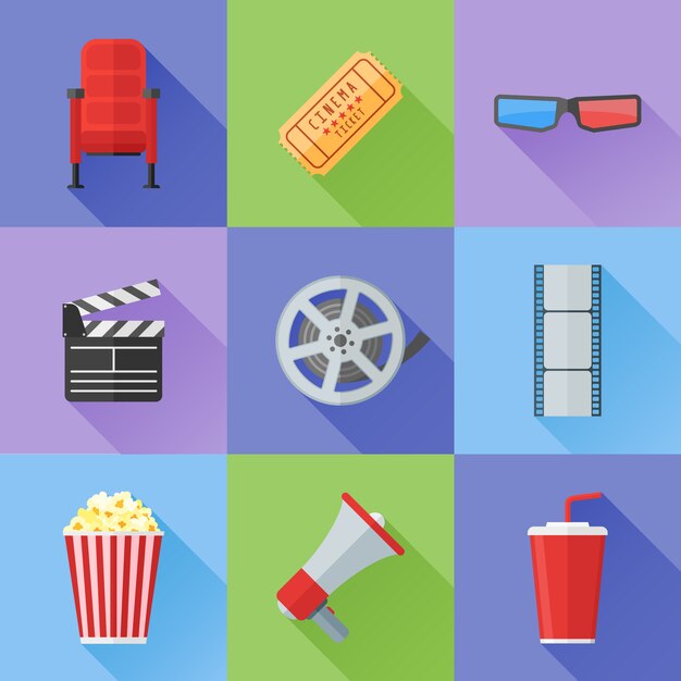 Vector set of cinema and movie flat style icons.
