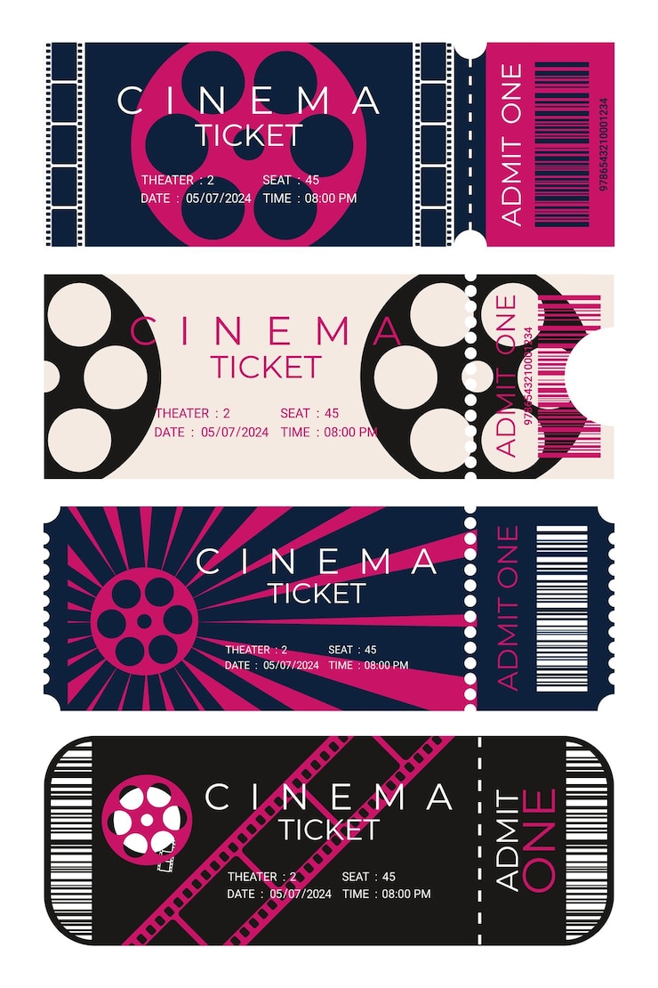 Vector set of cinema tickets with different design front view cinema ticket template vector illustration