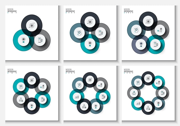 Vector set of circle diagrams with 3 4 5 6 7 and 8 options infographic cycle templates