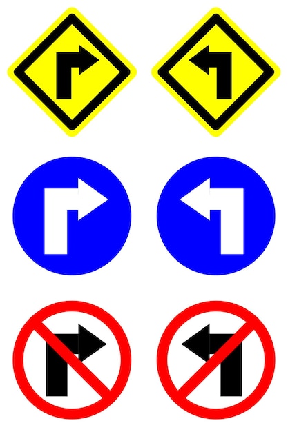 set circle diamond shape sharp turn right and left arrow road traffic sign direction icon