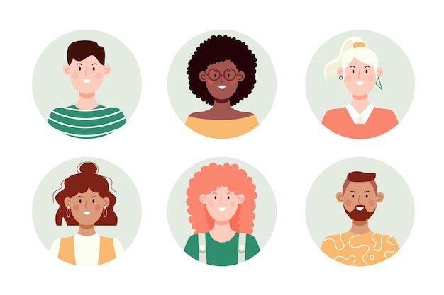 Set of circle face avatar. Collection of multiracial male and female portraits for profile icons. Flat vector illustration.