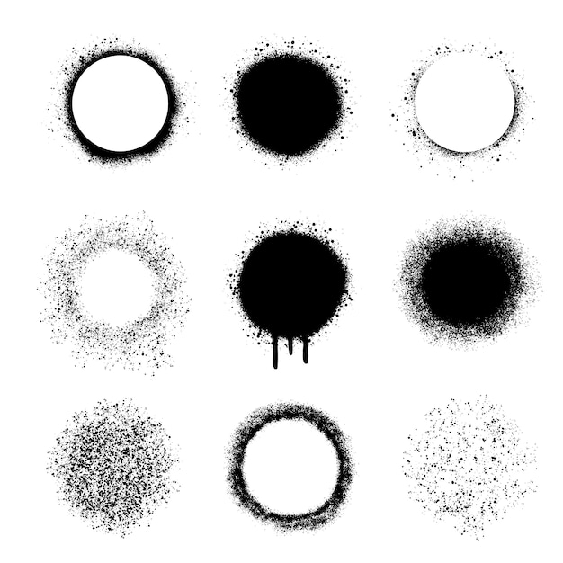 벡터 스프레이 효과가 있는 원 프레임 설정 낙서 잉크 질감 그런지 도트 테두리 에어브러시 잉크 도트