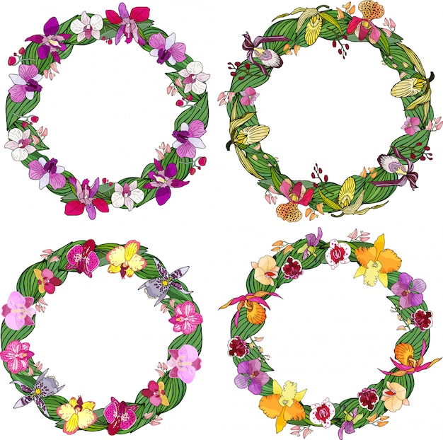 Set of circle frames made of orchids and floral elements.