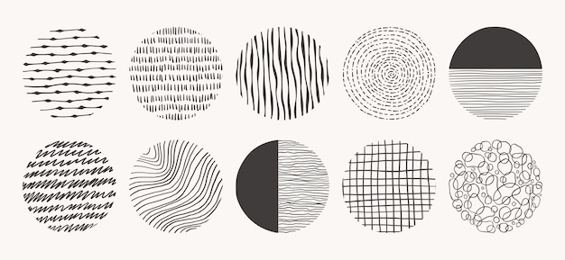 Vector set of circle hand drawn patterns.   textures made with ink, pencil, brush. geometric doodle shapes of spots, dots, circles, strokes, stripes, lines.