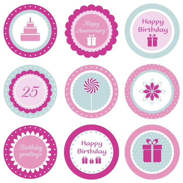 Set of circle labels, stickers, cupcake toppers for birthday party