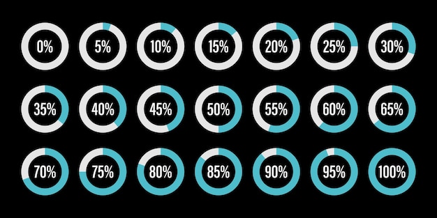 Vettore set di diagrammi di percentuale del cerchio da 0 a 100 indicatore infografico con colore blu