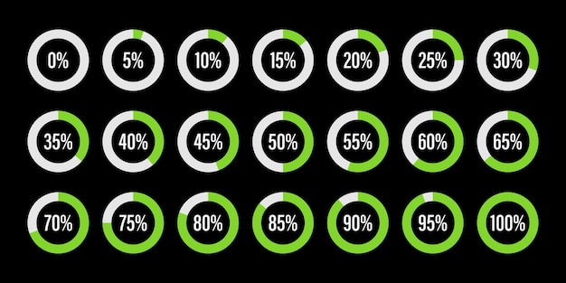 Vector set of circle percentage diagrams from 0 to 100 infographic indicator with green