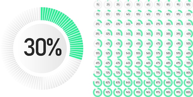 Vector set of circle percentage diagrams from 0 to 100 ready-to-use for web design, user interface