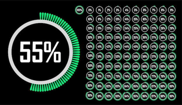 Vector set of circle percentage diagrams from 0 to 100 readytouse for web design user interface ui