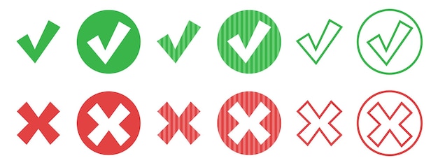 Set of circle web buttons green check mark and red cross with sharp corners