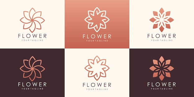 Set of circular flower lotus logotype. linear universal leaf floral logo