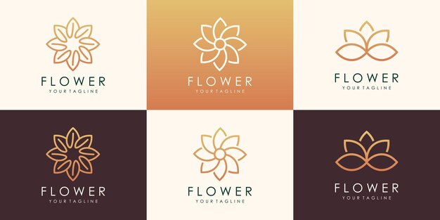 円形の花蓮のロゴタイプのセット。線形ユニバーサルリーフ花のロゴ