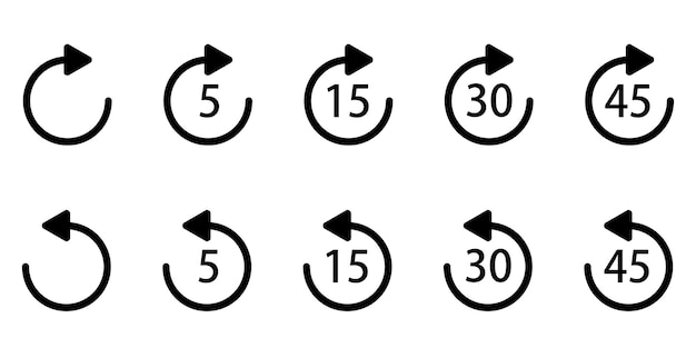 Set of circular timer icons with clockwise and counterclockwise arrows and time indicators