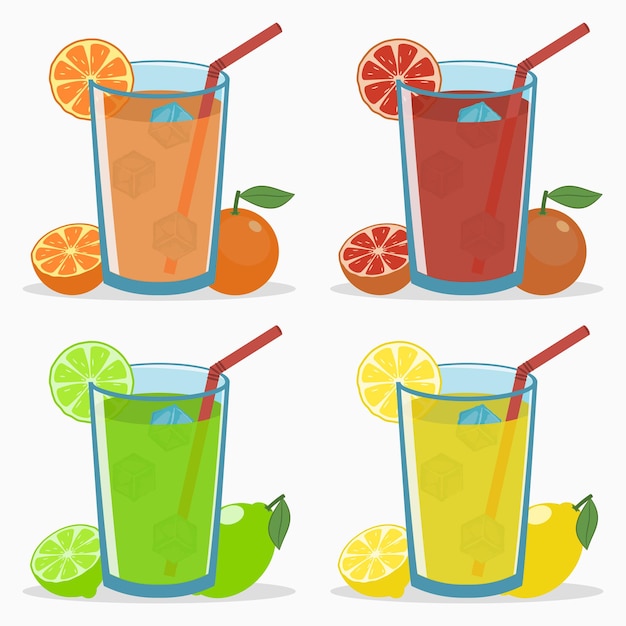 Vector set of citrus juice  orange grapefruit lime lemon natural fresh drink with straw ice cube