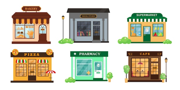 Vector set of city buildings book store cafe pharmacy bakery pizzeria and supermarket exterior