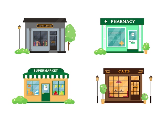 Set of city buildings. Book store, cafe, pharmacy and supermarket exterior.