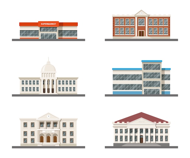 都市の建物のセット：スーパーマーケット、病院、大学、市庁舎、美術館、ショッピングモール